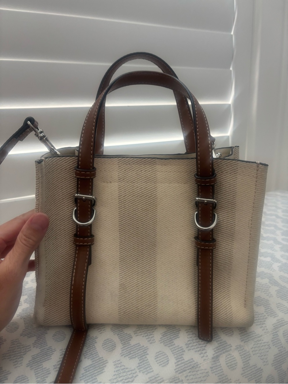 Zara Canvas Stripe Tote with Brown Leather Trim